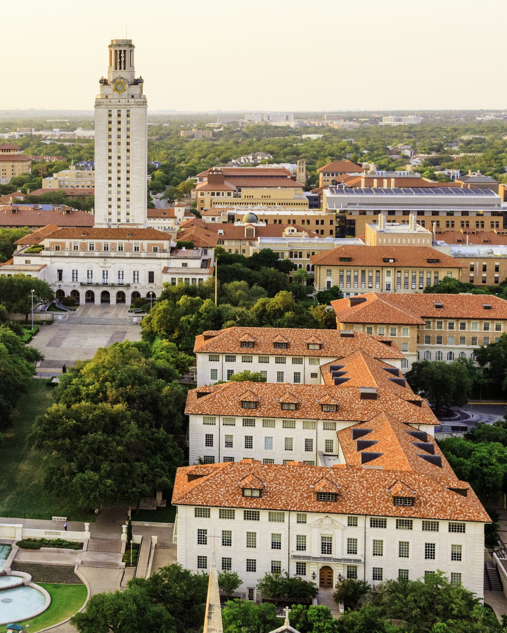 University of Texas (UT) Austin campus at sunset aerial view